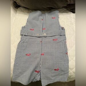 Kelly's Kids Blue and White seersucker John John  with alligator embroidery